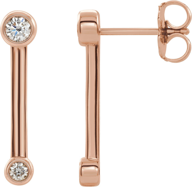 14K Gold Round Natural Diamond Bezel-Set Bar Earrings – 2.7mm Stones - Rose Gold
