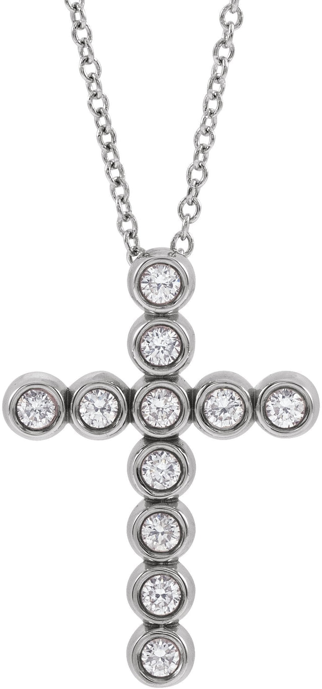 14K Gold Round Natural Diamond Bezel-Set Cross Necklace or Pendant – up to 1/4 CTW - White Gold