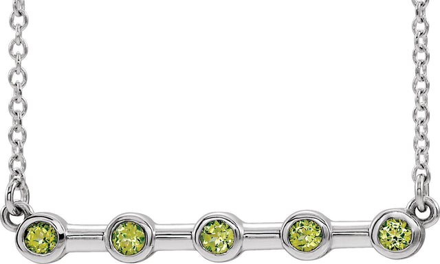 14K Gold Round Natural Peridot Bezel-Set Bar Necklace II - White Gold