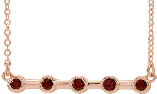 14K Gold Round Natural Mozambique Garnet Bezel-Set Bar Necklace II - Rose Gold