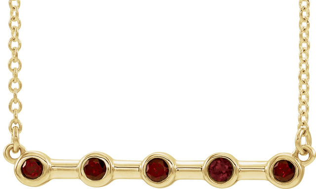 14K Gold Round Natural Mozambique Garnet Bezel-Set Bar Necklace II - Yellow Gold
