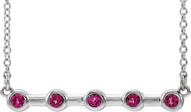 14K Gold Round Natural Pink Tourmaline Bezel-Set Bar Necklace II - White Gold