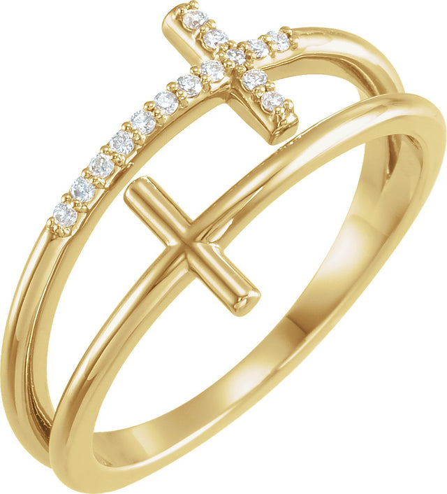 14K Gold Round Natural Diamond Sideways Cross Ring – 1mm Stones - Yellow Gold