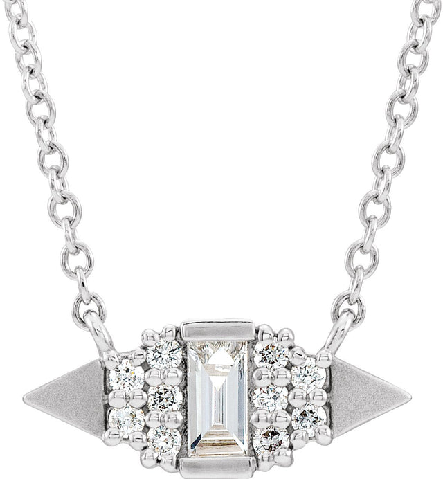 14K Gold Straight Baguette Natural Diamond Geometric Necklace - White Gold