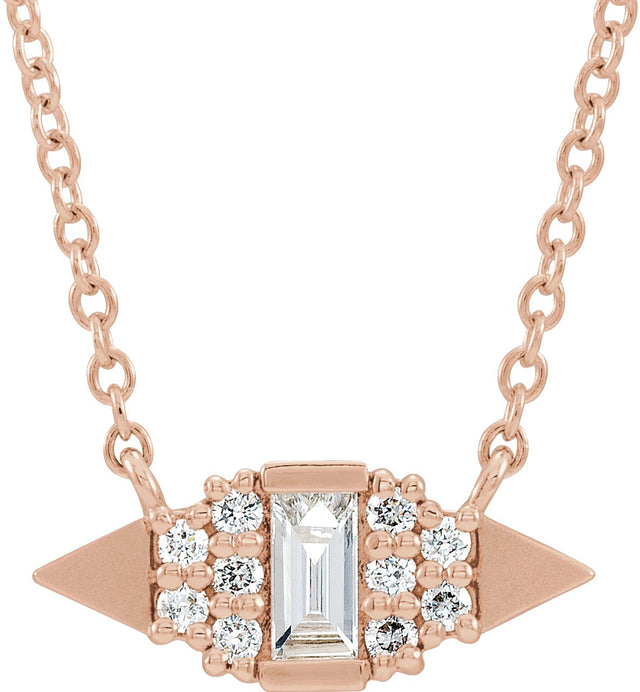 14K Gold Straight Baguette Natural Diamond Geometric Necklace - Rose Gold
