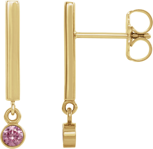 14K Gold Round Natural Pink Tourmaline Bezel-Set Bar Earrings - Yellow Gold