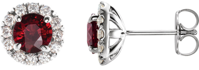 14K Gold Round Natural Mozambique Garnet French-Set Halo-Style Earrings - White Gold