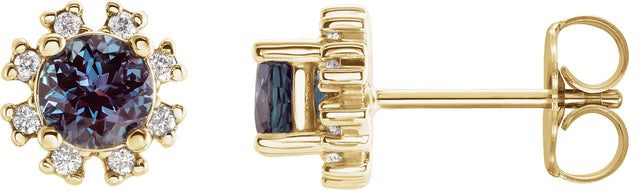 14K Gold Lab-Grown Alexandrite Round 4-Prong Halo-Style Earrings - Yellow Gold