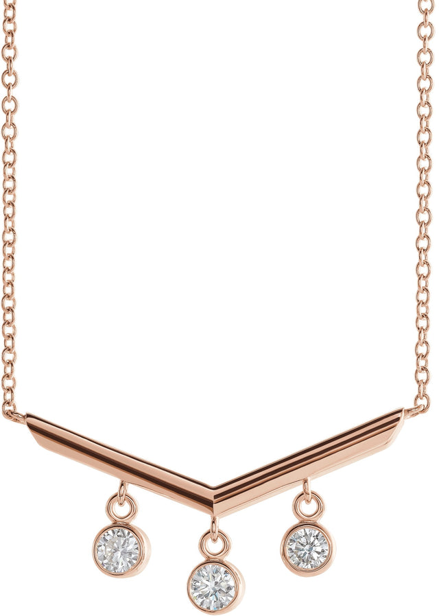 14K Gold Round Natural Diamond V Bar Necklace - Rose Gold