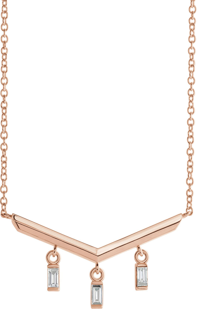 14K Gold Round Natural Diamond V Bar Necklace - Rose Gold