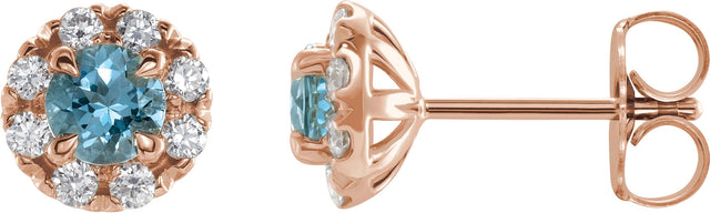 14K Gold Round Natural Aquamarine French-Set Halo-Style Earrings - Rose Gold