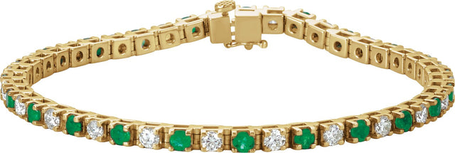 14K Gold Round Natural Emerald Line Bracelet - Yellow Gold