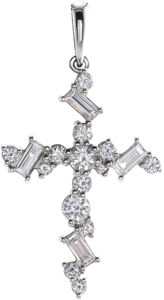 14K Gold Natural Diamond Scattered Cross Necklace or Pendant - White Gold