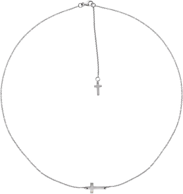 14K Gold Round Natural Diamond Sideways Cross Necklace – 01 CTW - White Gold