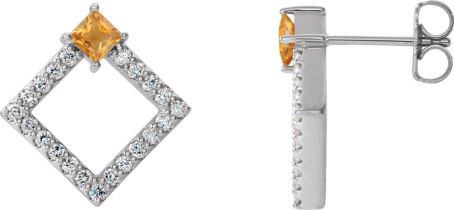 Platinum Square Natural Citrine Accented Geometric Earrings