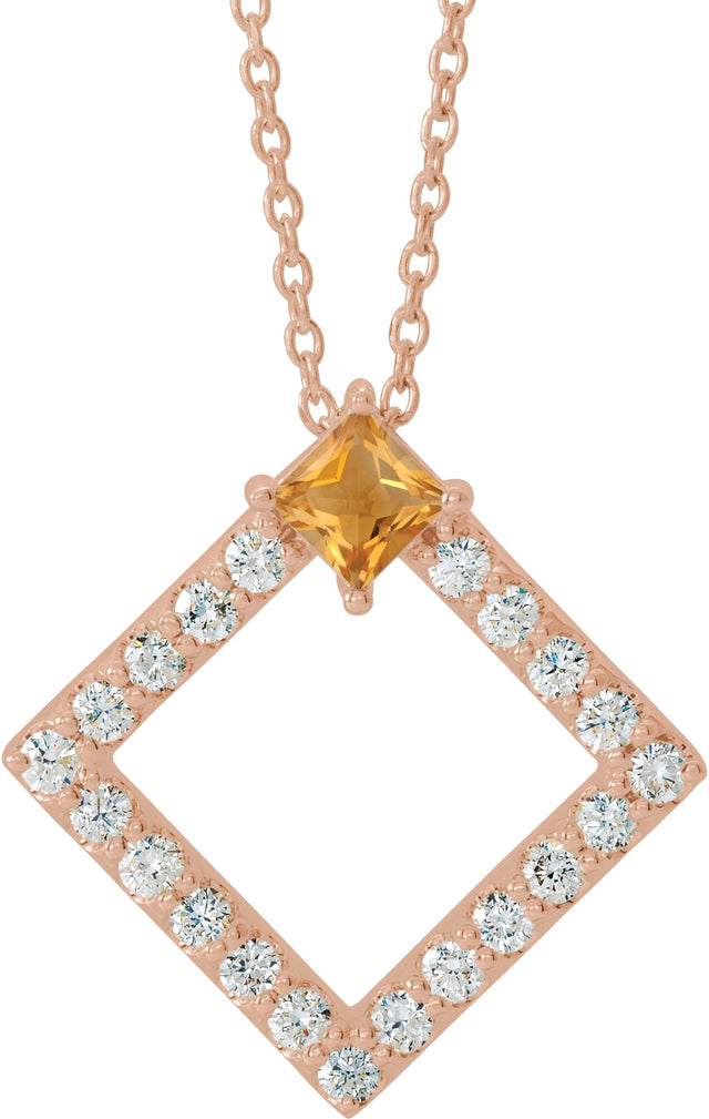 14K Gold Square Natural Citrine Accented Geometric Necklace or Pendant - Rose Gold