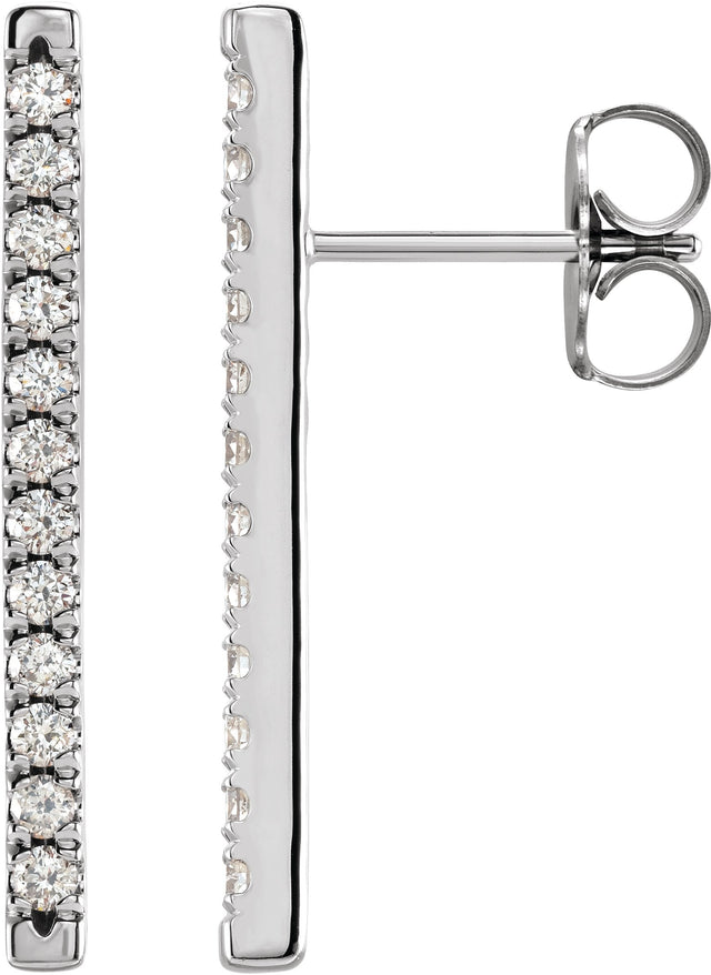 14K Gold Round Natural Diamond French-Set Bar Earrings - White Gold