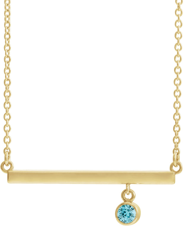14K Gold Round Natural Blue Zircon Bezel-Set Bar Necklace III - Yellow Gold