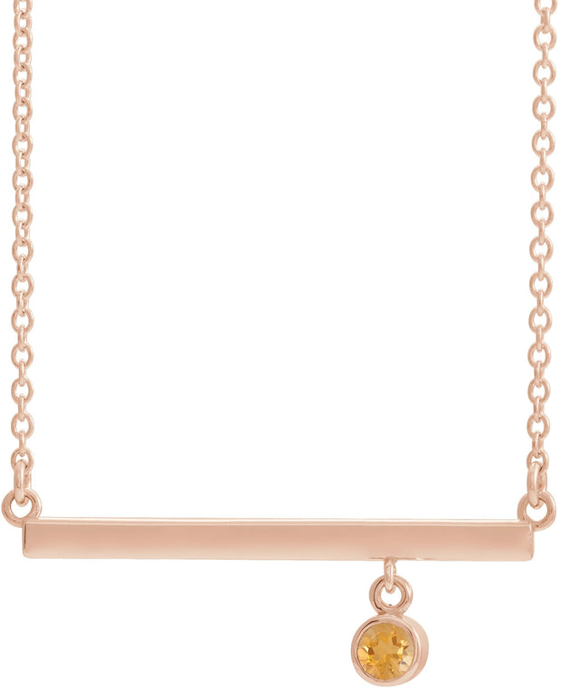 14K Gold Round Natural Citrine Bezel-Set Bar Necklace III - Rose Gold