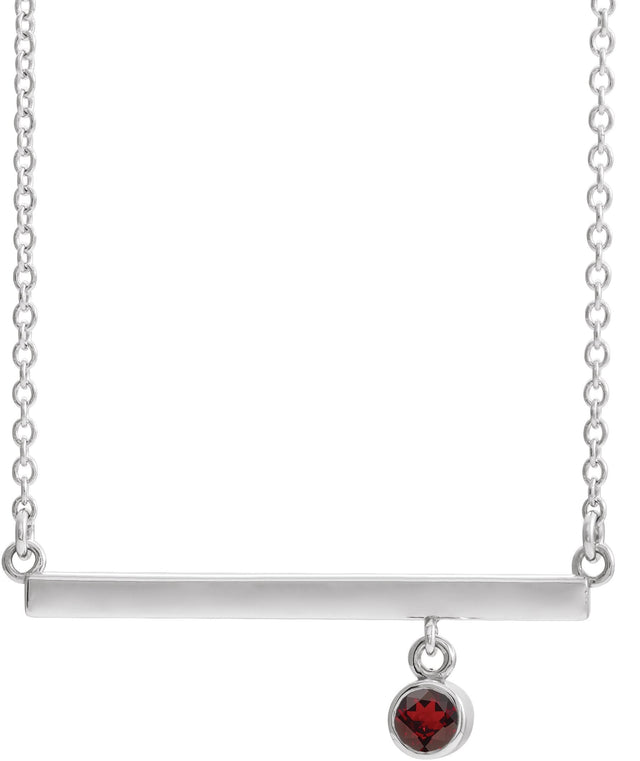 14K Gold Round Natural Mozambique Garnet Bezel-Set Bar Necklace III - White Gold