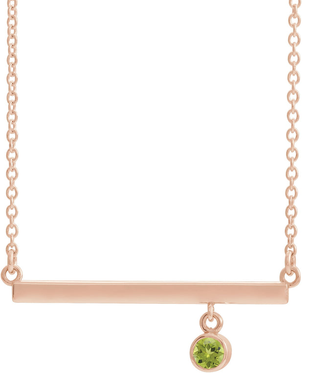 14K Gold Round Natural Peridot Bezel-Set Bar Necklace III - Rose Gold