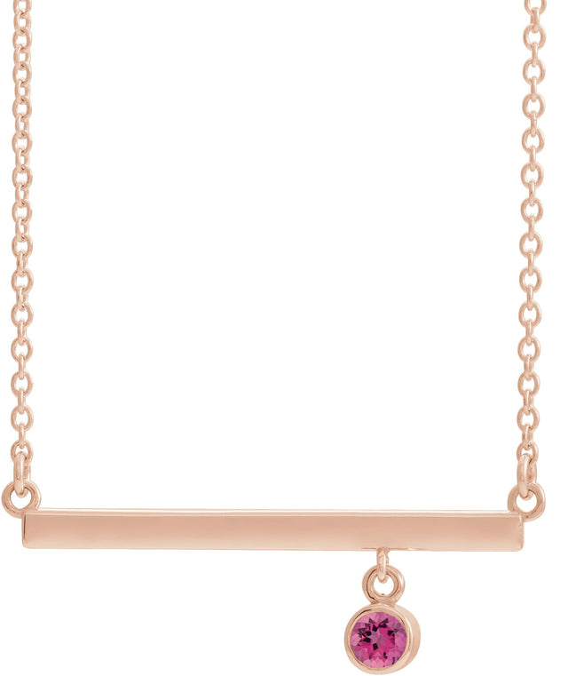 14K Gold Round Natural Pink Tourmaline Bezel-Set Bar Necklace III - Rose Gold