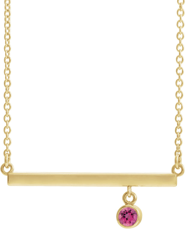 14K Gold Round Natural Pink Tourmaline Bezel-Set Bar Necklace III - Yellow Gold