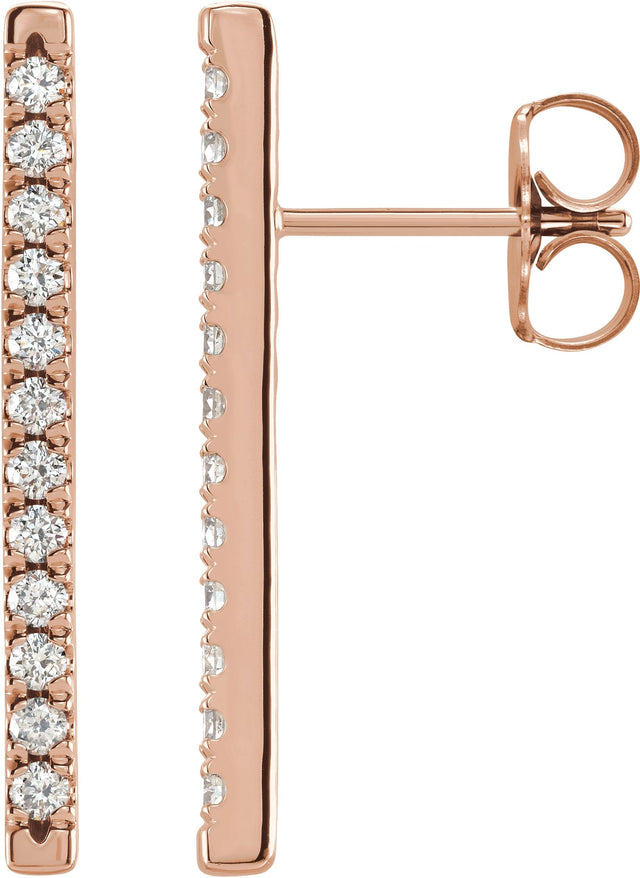 14K Gold Round Natural Diamond French-Set Bar Earrings - Rose Gold