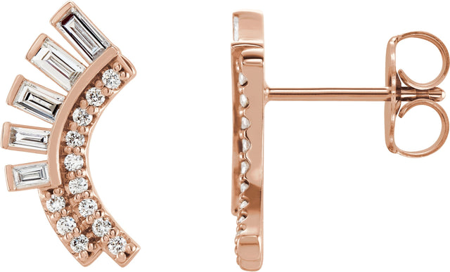 14K Gold Natural Diamond Baguette Accented Fan Earrings - Rose Gold