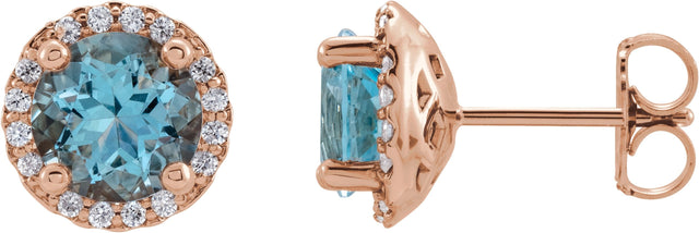 14K Gold Natural Aquamarine Round 4-Prong Halo-Style Earrings – 3-6mm Stones - Rose Gold