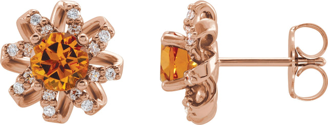 14K Gold Natural Citrine Round 4-Prong Halo-Style Twist Earrings - Rose Gold