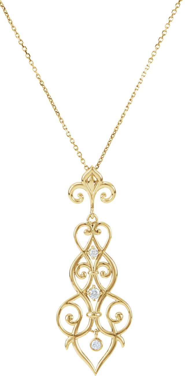 14K Gold Round Natural Diamond Fleur-de-lis Necklace or Pendant – 1/6 CTW