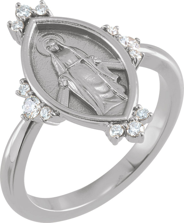 14K Gold Round Natural Diamond Miraculous Medal Ring - White Gold