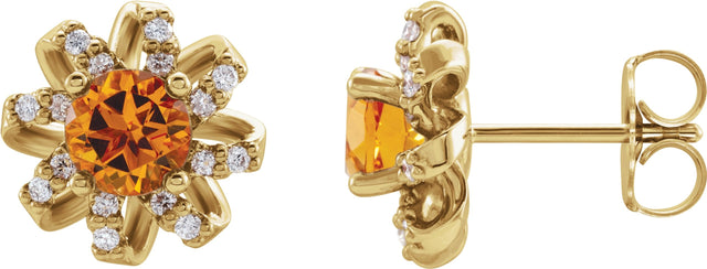 14K Gold Natural Citrine Round 4-Prong Halo-Style Twist Earrings - Yellow Gold