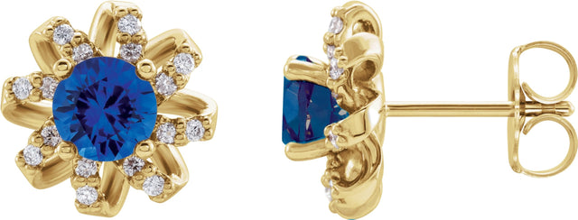 14K Gold Natural Blue Sapphire Round 4-Prong Halo-Style Twist Earrings - Yellow Gold