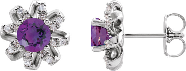 14K Gold Natural Amethyst Round 4-Prong Halo-Style Twist Earrings - White Gold