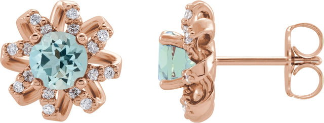 14K Gold Natural Aquamarine Round 4-Prong Halo-Style Twist Earrings - Rose Gold