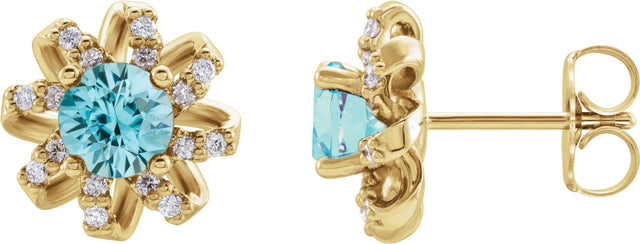 14K Gold Natural Blue Zircon Round 4-Prong Halo-Style Twist Earrings - Yellow Gold
