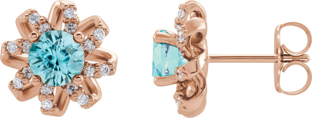 14K Gold Natural Blue Zircon Round 4-Prong Halo-Style Twist Earrings - Rose Gold