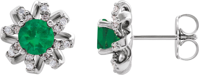 Platinum Natural Emerald Round 4-Prong Halo-Style Twist Earrings