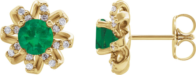14K Gold Lab-Grown Emerald Round 4-Prong Halo-Style Twist Earrings - Yellow Gold