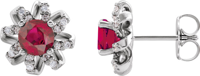 14K Gold Natural Ruby Round 4-Prong Halo-Style Twist Earrings - White Gold