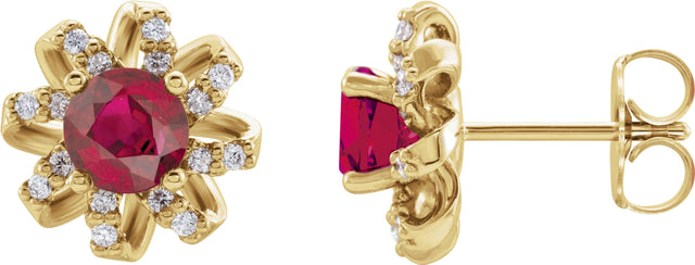 14K Gold Natural Ruby Round 4-Prong Halo-Style Twist Earrings - Yellow Gold