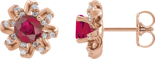14K Gold Lab-Grown Ruby Round 4-Prong Halo-Style Twist Earrings - Rose Gold