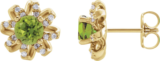 14K Gold Natural Peridot Round 4-Prong Halo-Style Twist Earrings - Yellow Gold