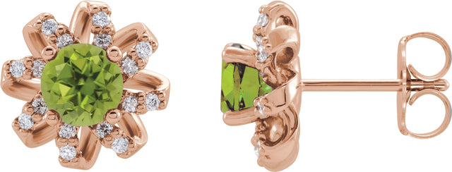 14K Gold Natural Peridot Round 4-Prong Halo-Style Twist Earrings - Rose Gold