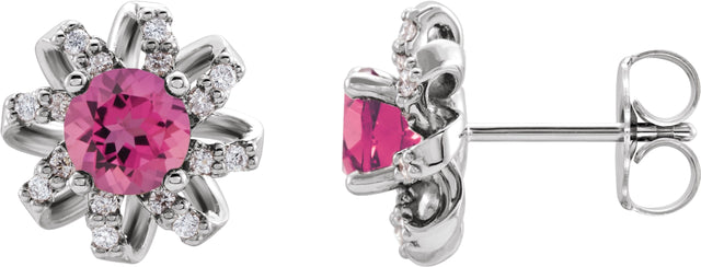 14K Gold Natural Pink Tourmaline Round 4-Prong Halo-Style Twist Earrings - White Gold