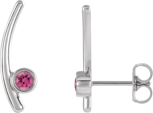 14K Gold Round Natural Pink Tourmaline Bezel-Set Ear Climbers - White Gold