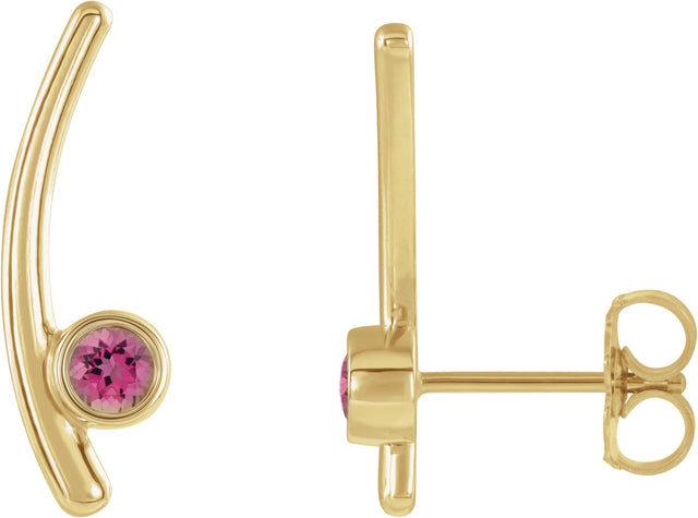 14K Gold Round Natural Pink Tourmaline Bezel-Set Ear Climbers - Yellow Gold