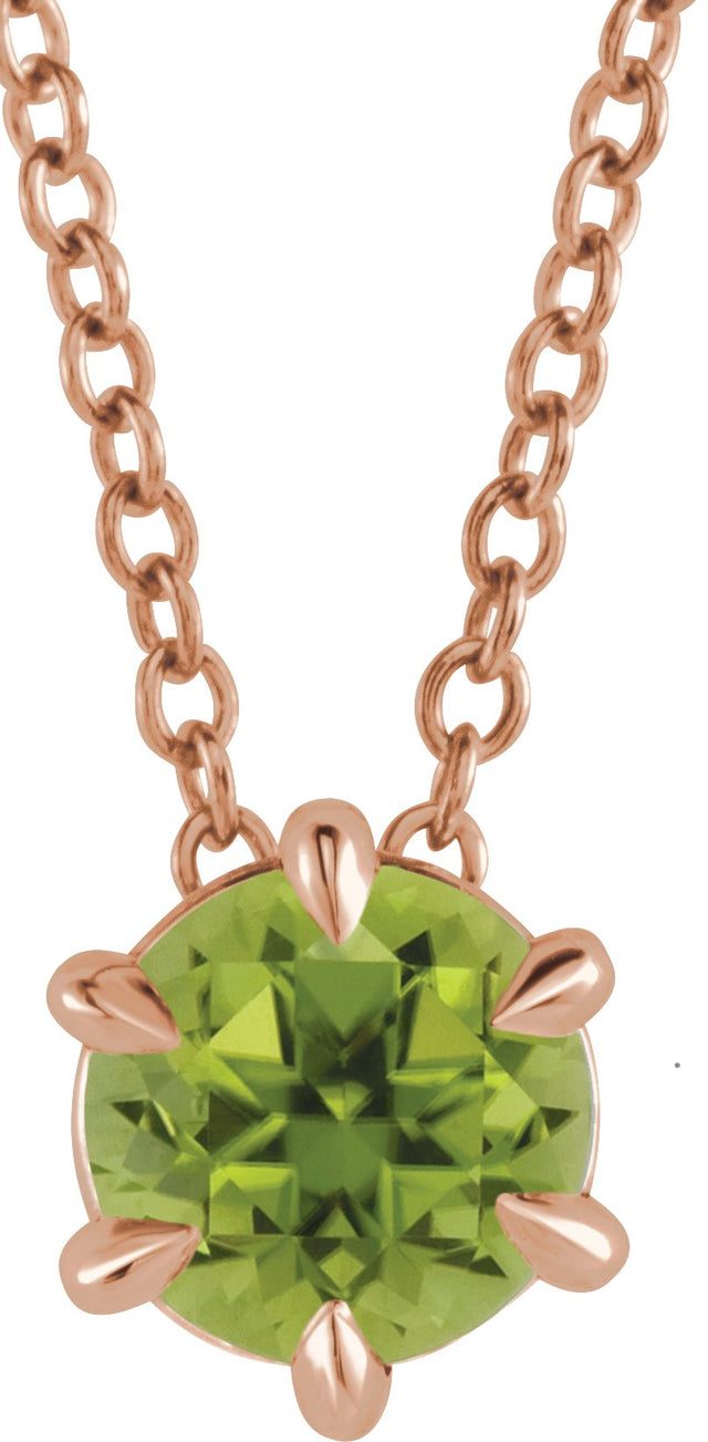 14K Gold Round Natural Peridot Solitaire Necklace or Slide Pendant III - Rose Gold